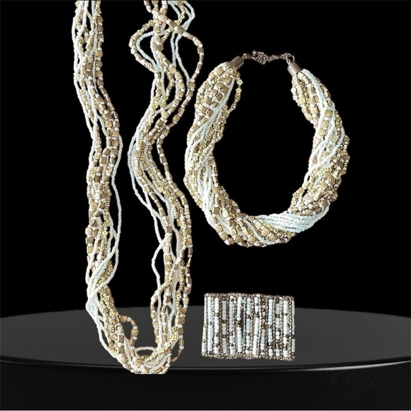 Vintage Jewelry - Stunning White & Gold Beaded Multi-Strand Twist Necklace & Bracelet Set Unique